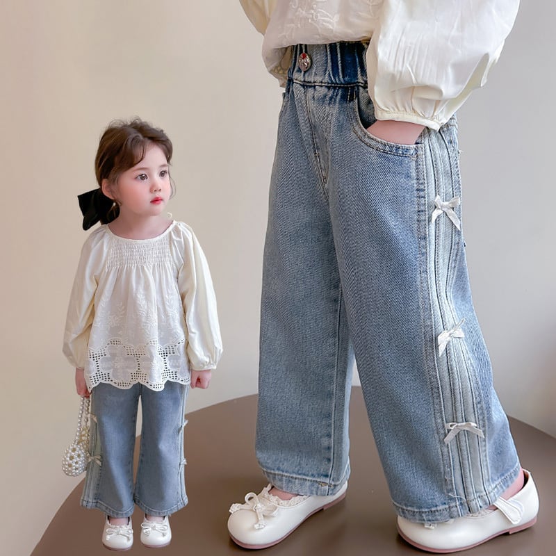 【90-140】リボン付き デニム ロングパンツ - 画像 (3)