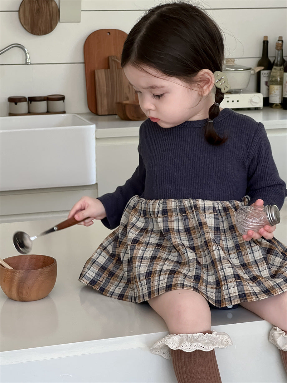 【66-100】ニット チェックのパッチワーク ワンピース - 画像 (3)