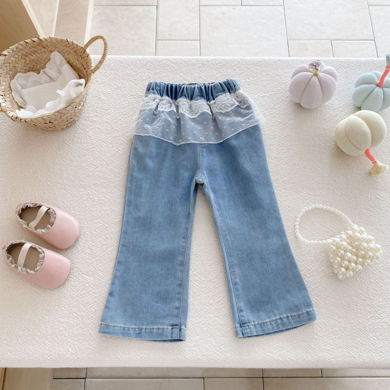 【90-130cm】レース付き デニムパンツ