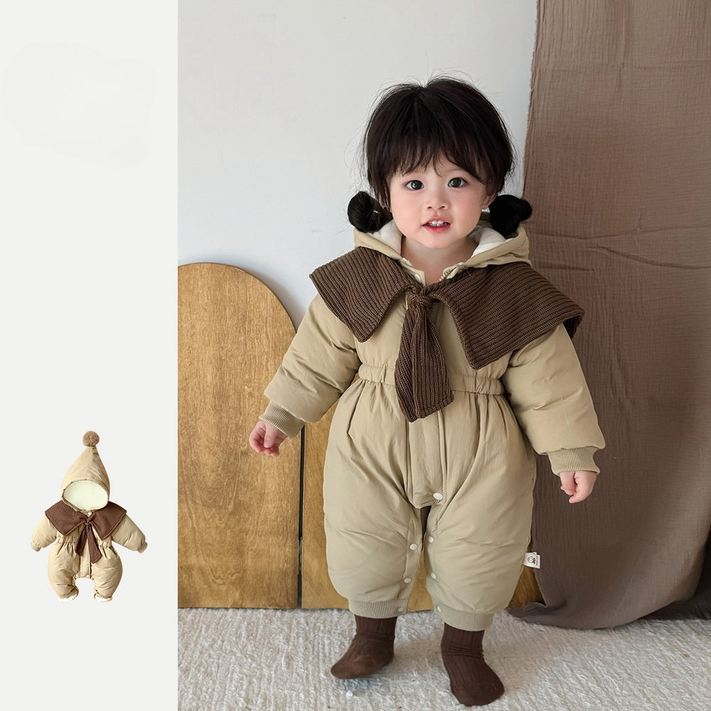 【73-100cm】厚手 帽子付き 防寒 ロンパース