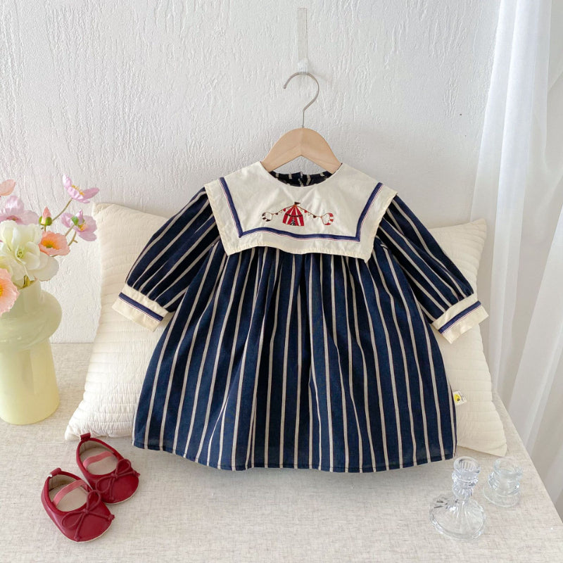 【73-130】レトロ 刺繍 ストライプ ワンピース - 画像 (3)