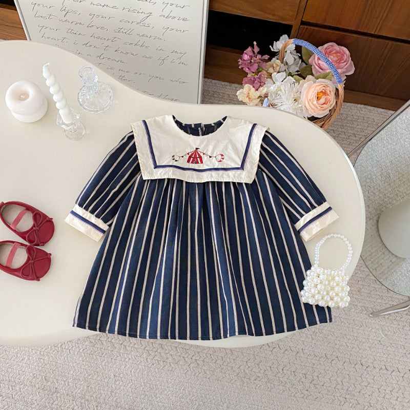 【73-130】レトロ 刺繍 ストライプ ワンピース - 画像 (5)