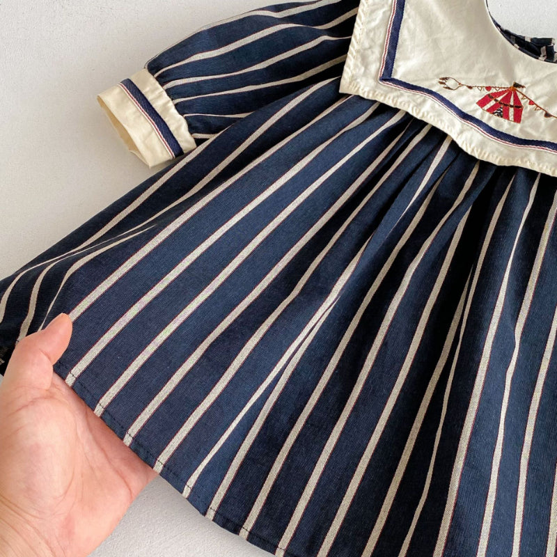 【73-130】レトロ 刺繍 ストライプ ワンピース - 画像 (9)