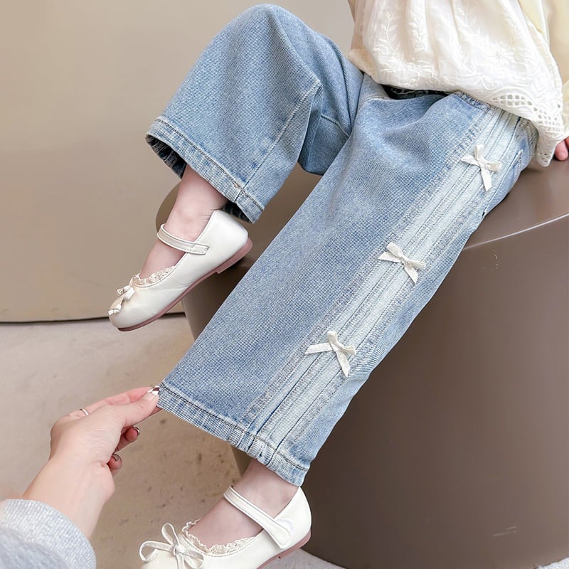 【90-140】リボン付き デニム ロングパンツ - 画像 (7)