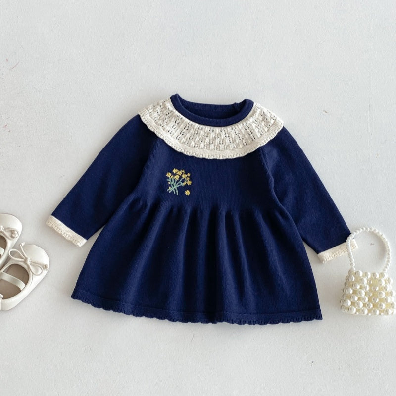 【73-110】小花 刺繍 ニット ワンピース - 画像 (3)