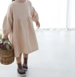 【80-130】 パフスリーブ リネン ワンピース - 画像 (3)