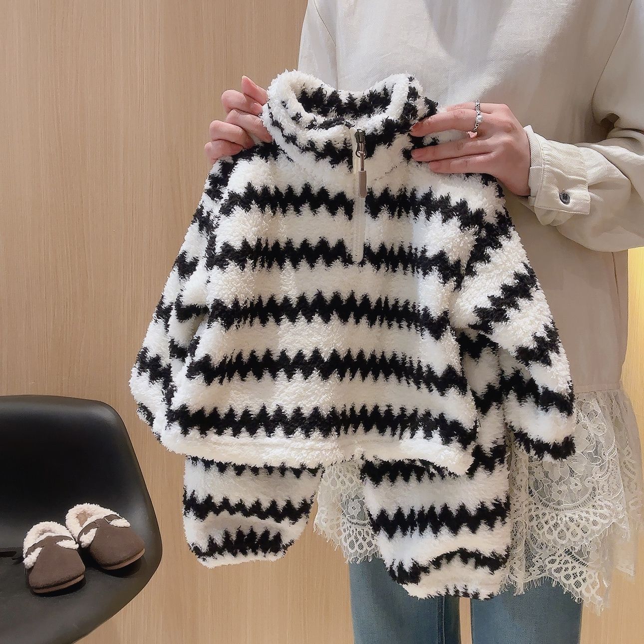 【80-160】ボーダー柄 もこもこ スタンドネック ルームウェア - 画像 (3)