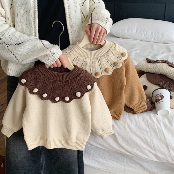 【90-130cm】 フリルビッグ襟 ニット トップス