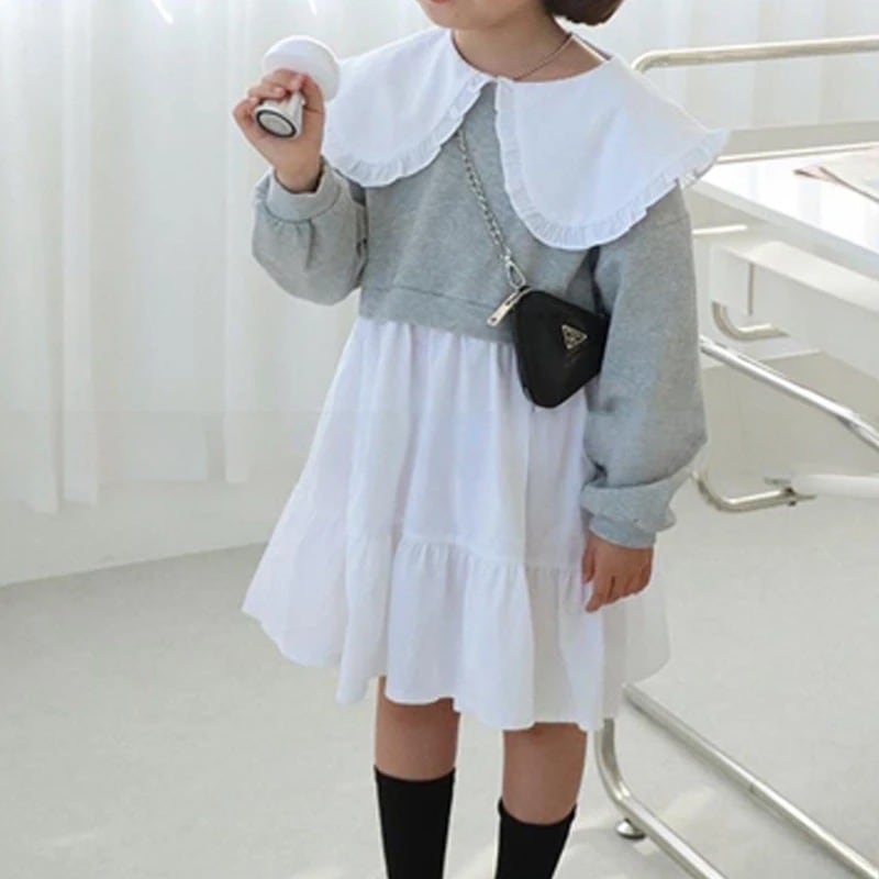 【80-120】折り襟 バイカラー 重ね着風 長袖 ワンピース - 画像 (6)