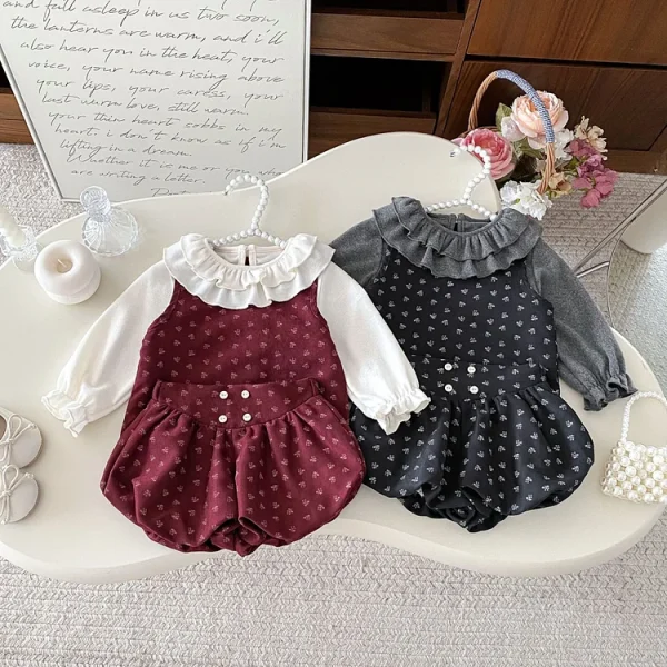 【66-100cm】 インナーシャツ トップス＆小花柄 セットアップ 3点セット