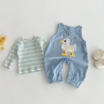【66-100】 カモデザイン サロペット ＆ ボーダー シャツ 2点セット - 画像 (3)