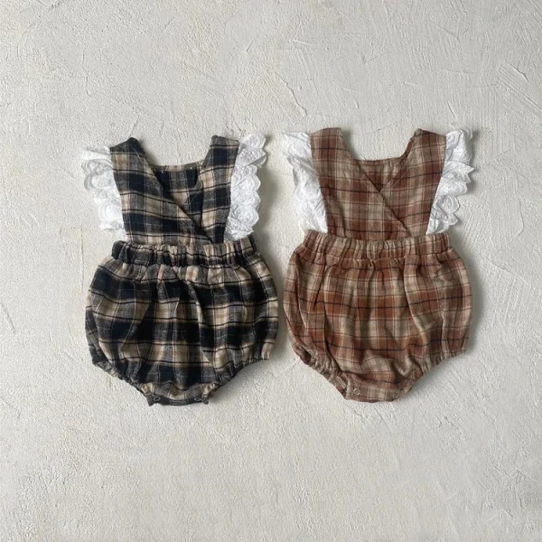 【66-90cm】チェック柄 ロンパース
