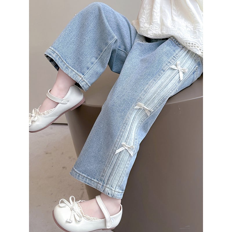 【90-140】リボン付き デニム ロングパンツ - 画像 (9)