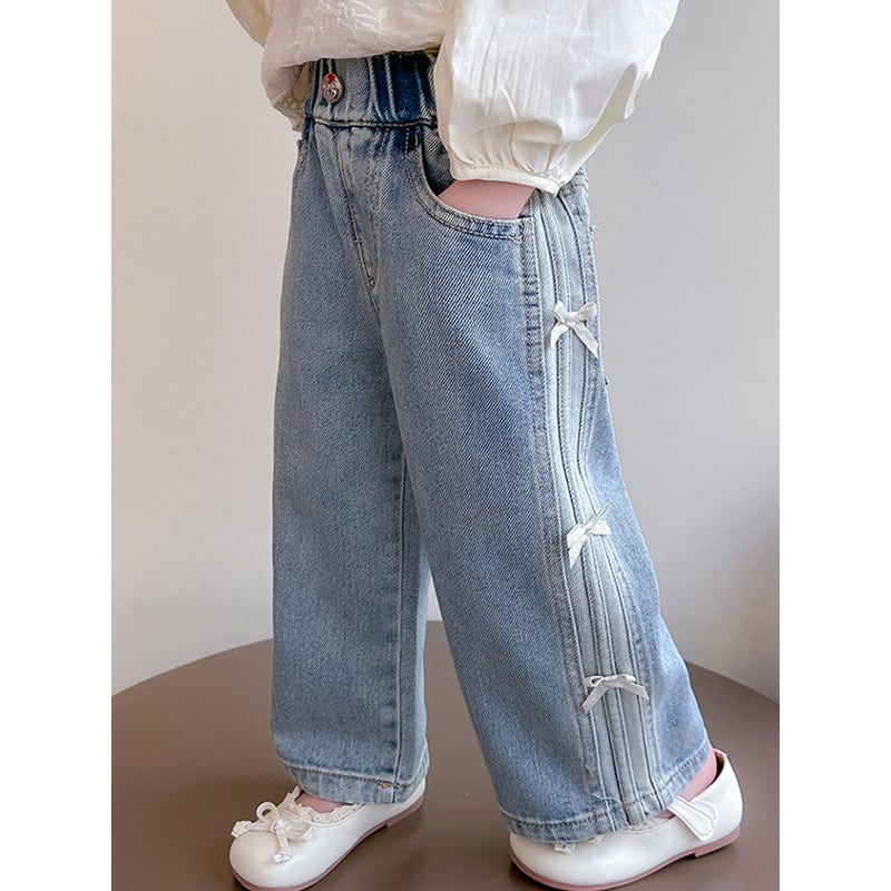 【90-140】リボン付き デニム ロングパンツ - 画像 (5)