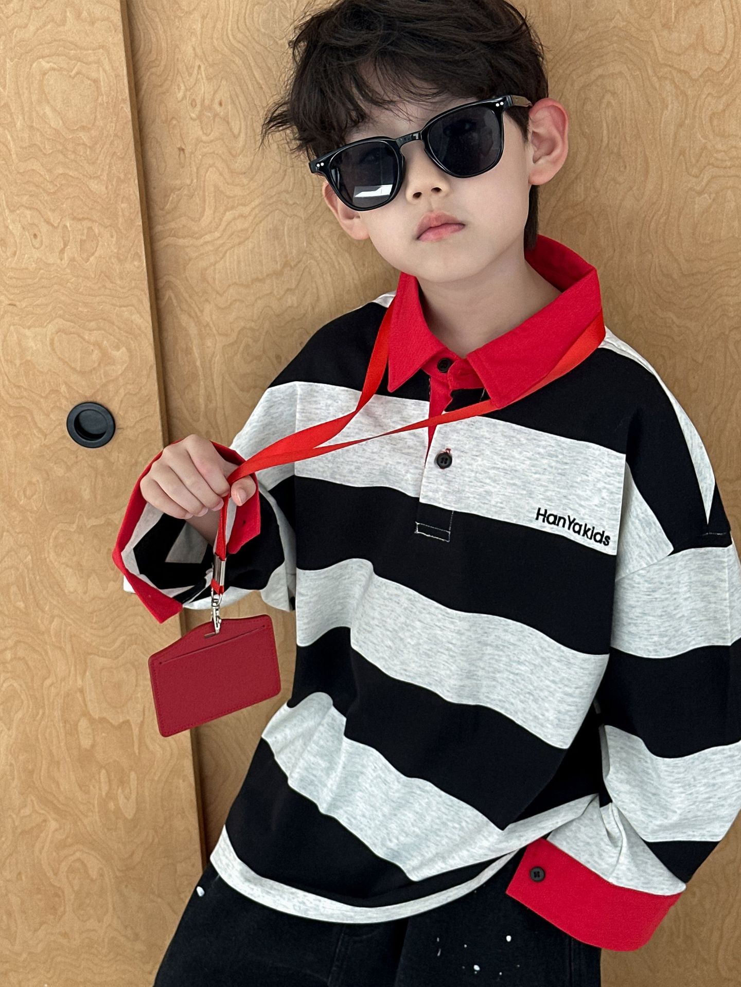 【100-160】配色 ボーダー柄 POLOネック トップス - 画像 (4)