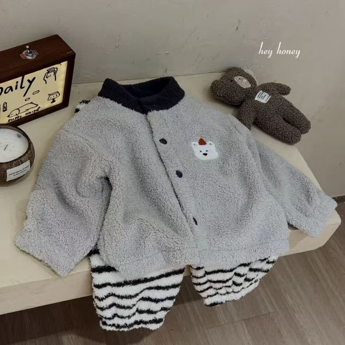【90-150】ボーダー柄 前開き ふわふわ ルームウェア - 画像 (8)