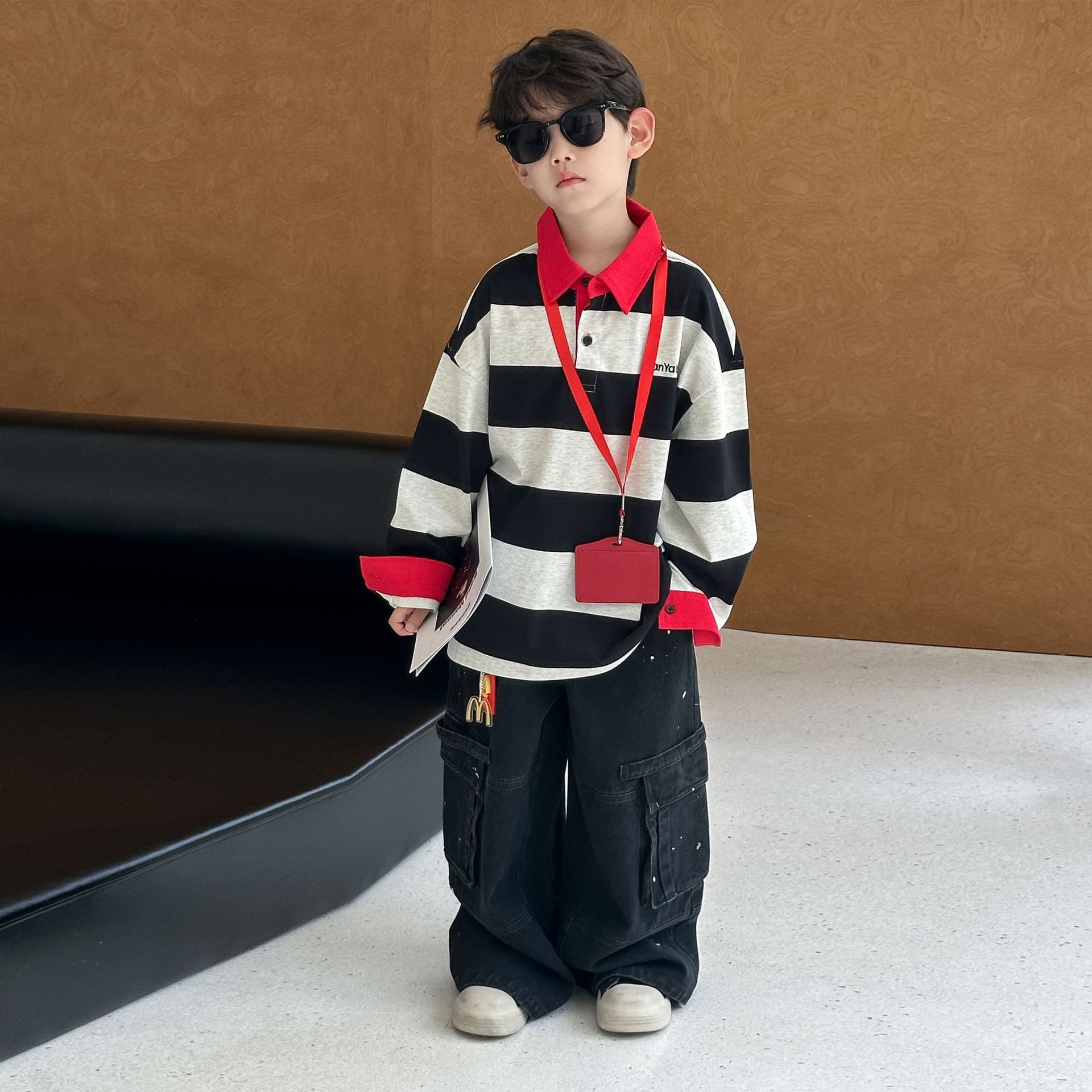 【100-160】配色 ボーダー柄 POLOネック トップス - 画像 (7)