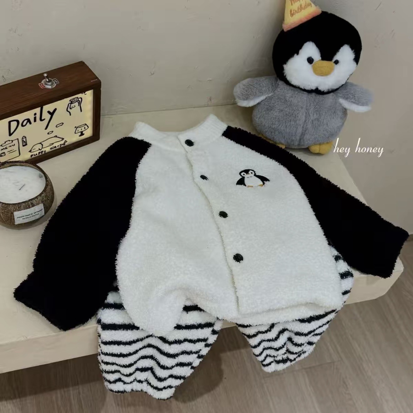 【90-150】ボーダー柄 前開き ふわふわ ルームウェア - 画像 (10)