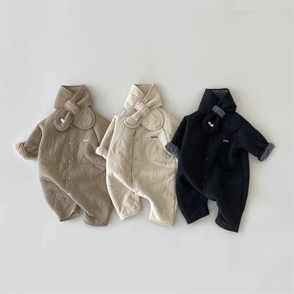 【66-90cm】ナチュラル 裏起毛 ロンパース+マフラー