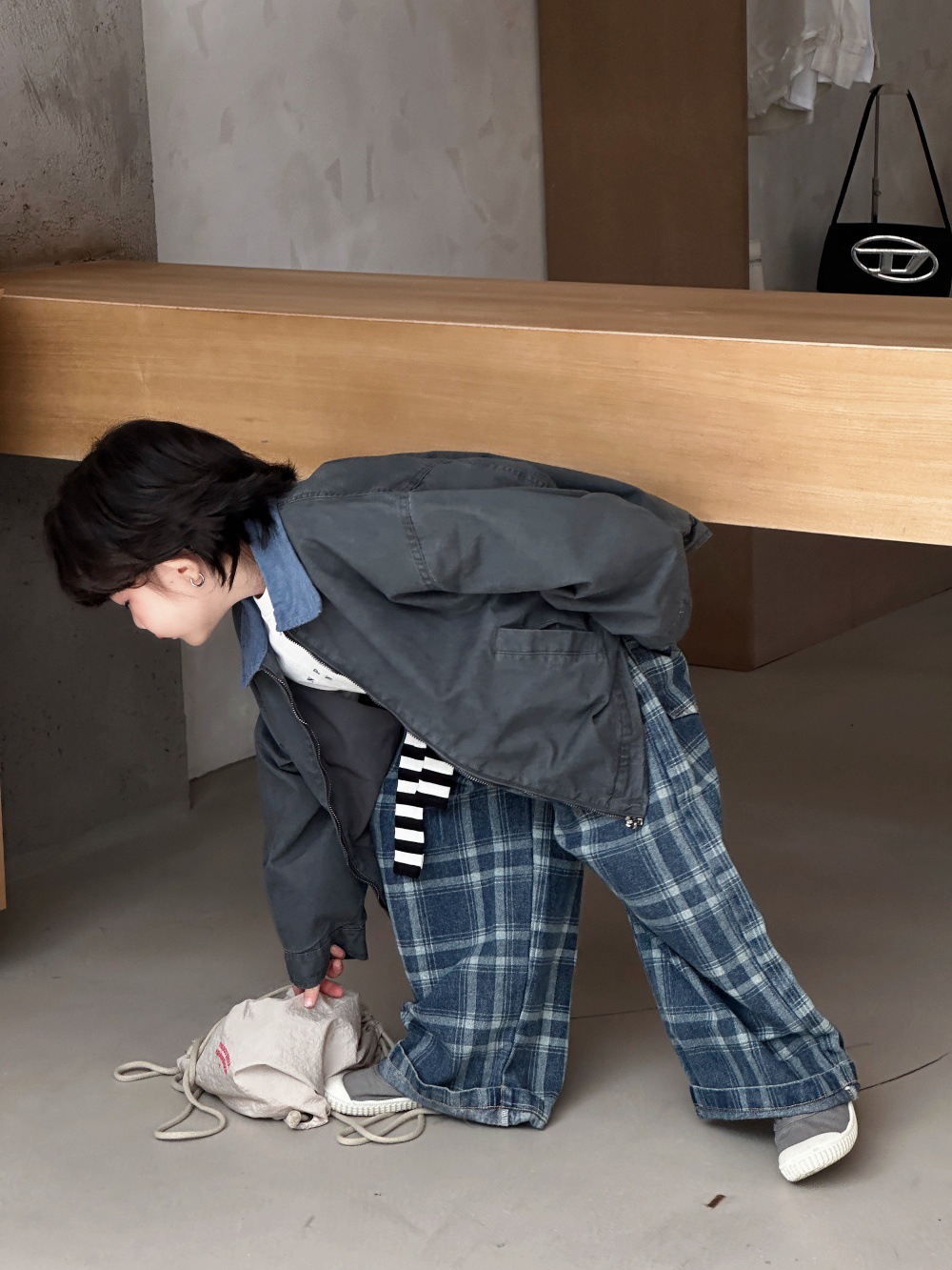 【90-150】ゆったり チェック柄 デニム パンツ - 画像 (5)