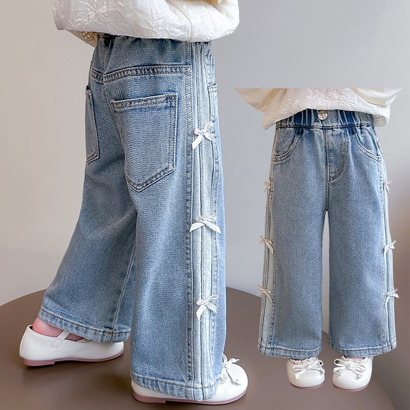 【90-140cm】リボン付き デニム ロングパンツ