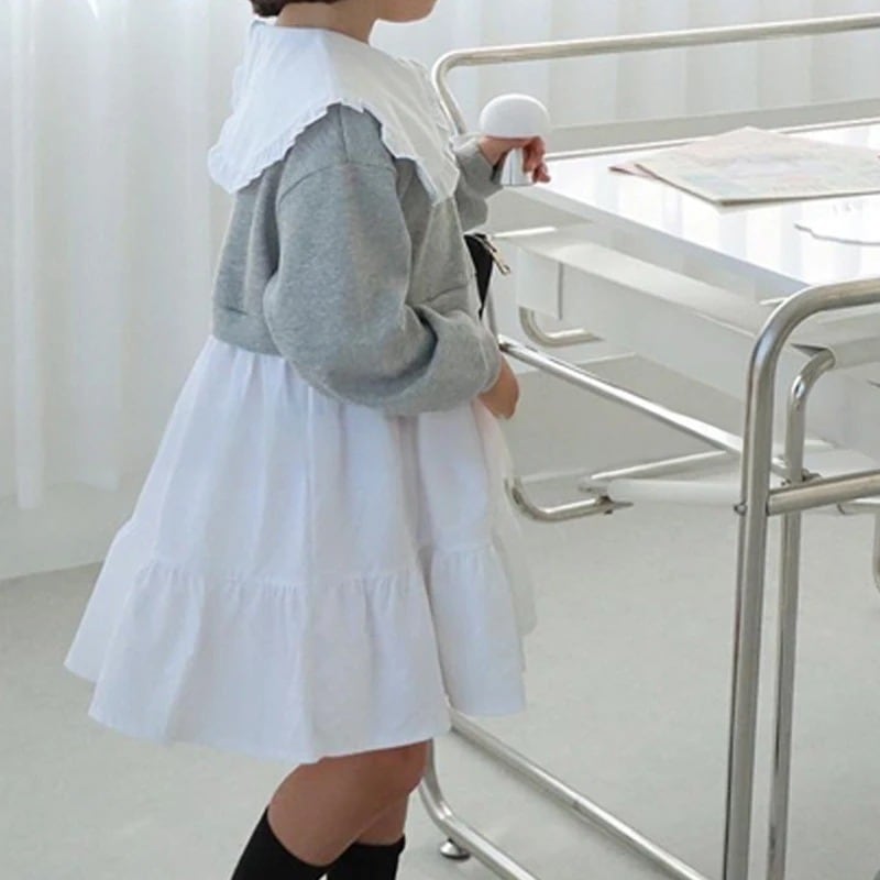 【80-120】折り襟 バイカラー 重ね着風 長袖 ワンピース - 画像 (8)