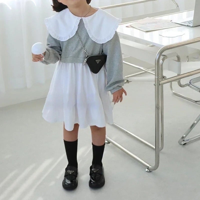 【80-120】折り襟 バイカラー 重ね着風 長袖 ワンピース - 画像 (9)