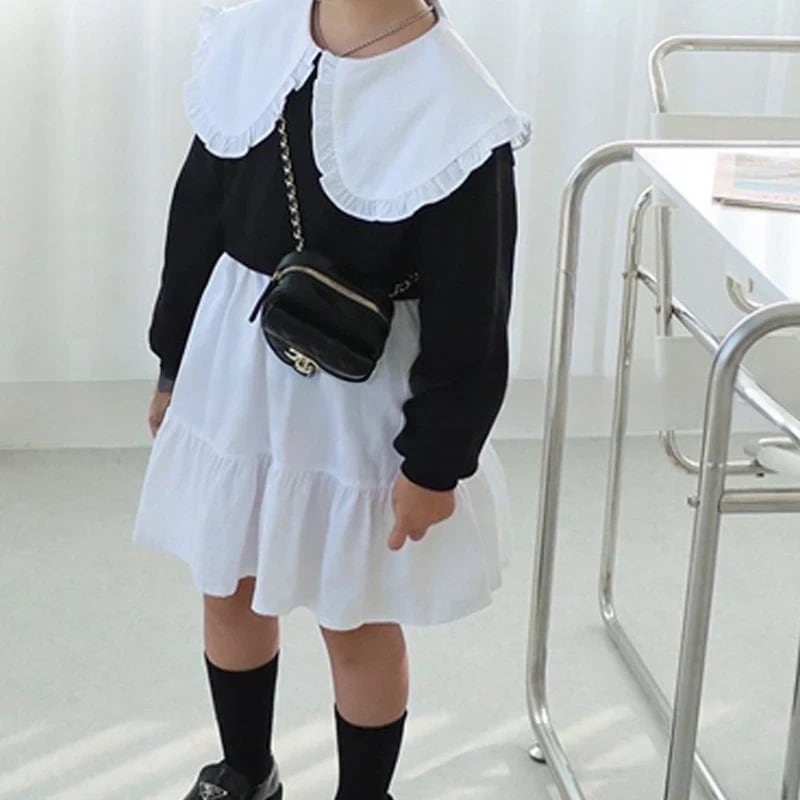 【80-120】折り襟 バイカラー 重ね着風 長袖 ワンピース - 画像 (4)