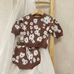 【66-90】 ミニマリズム 花柄 ニット セーター &ショート パンツ セット - 画像 (2)