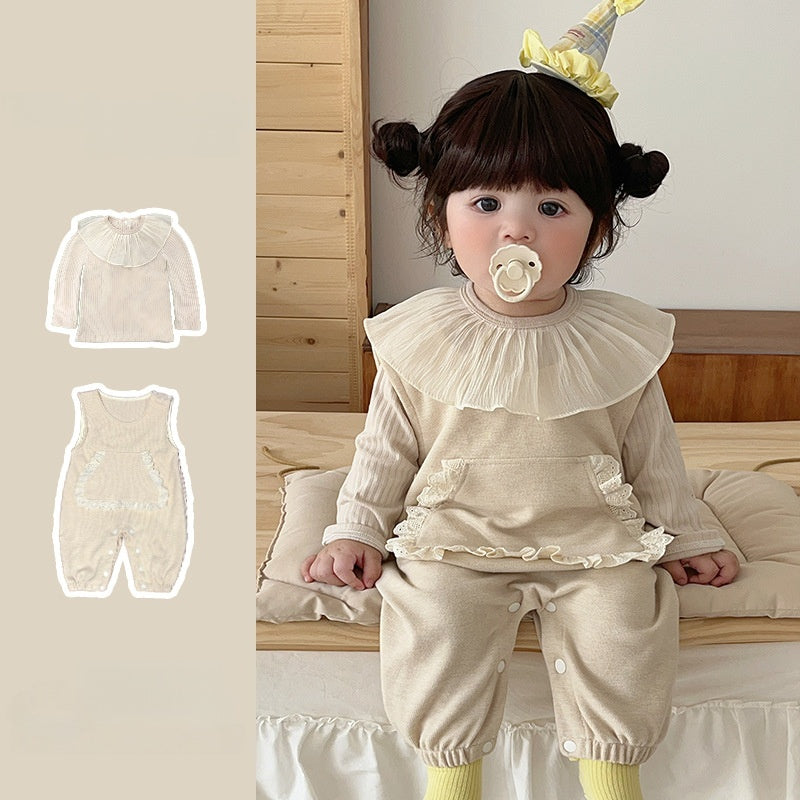 【73-100cm】大ポケット サロペットパンツ＆フリルトップス