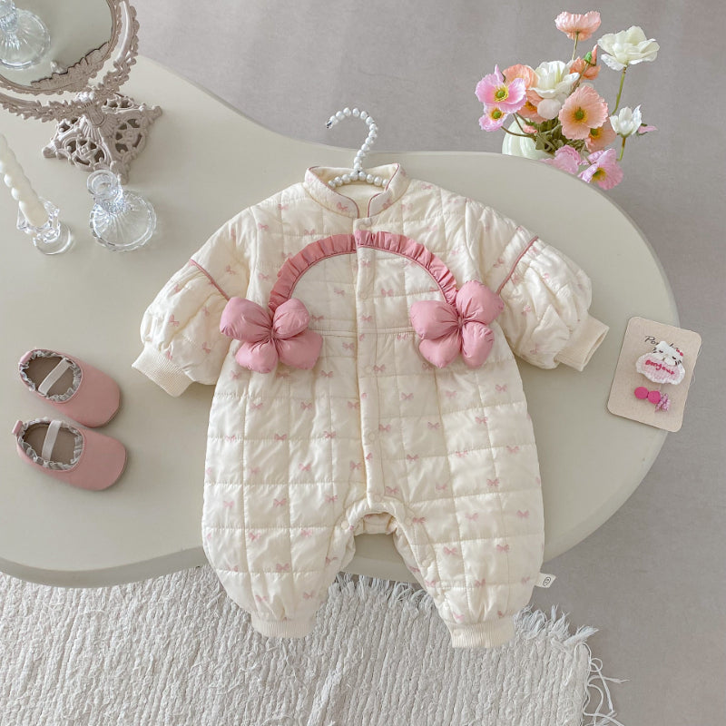 【66-90cm】蝶結び プリント 立体フラワー カバーオール