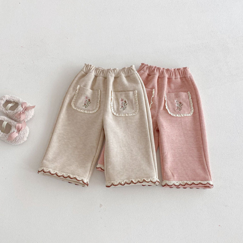 【73-120】 刺繍入り あったか カジュアル パンツ