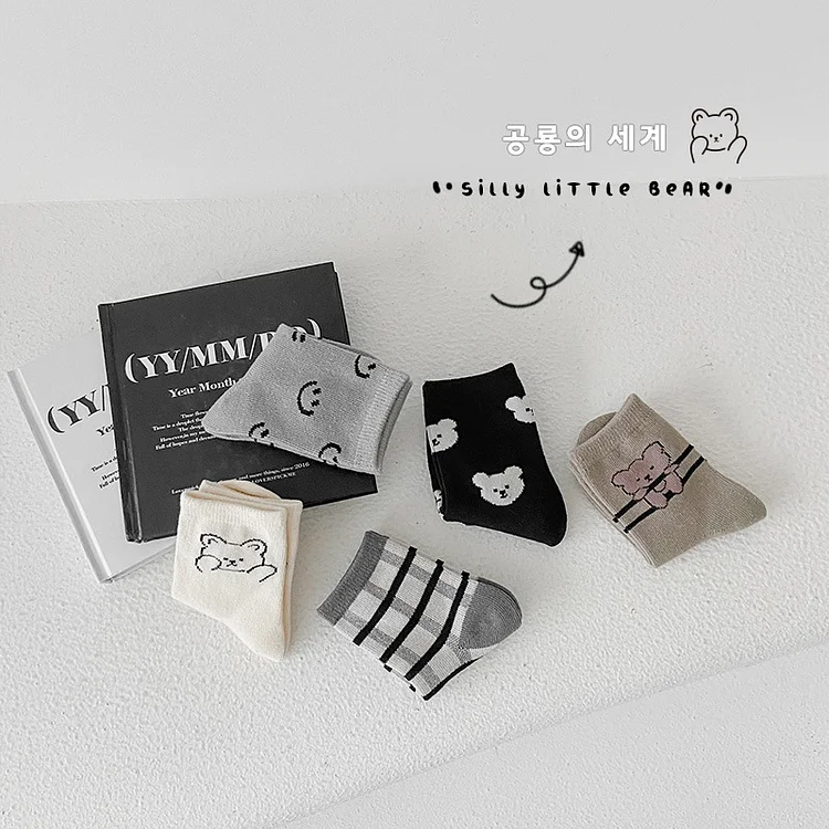 【GOODS】レトロスマイル 熊柄 ソックス 5足セット - 画像 (3)