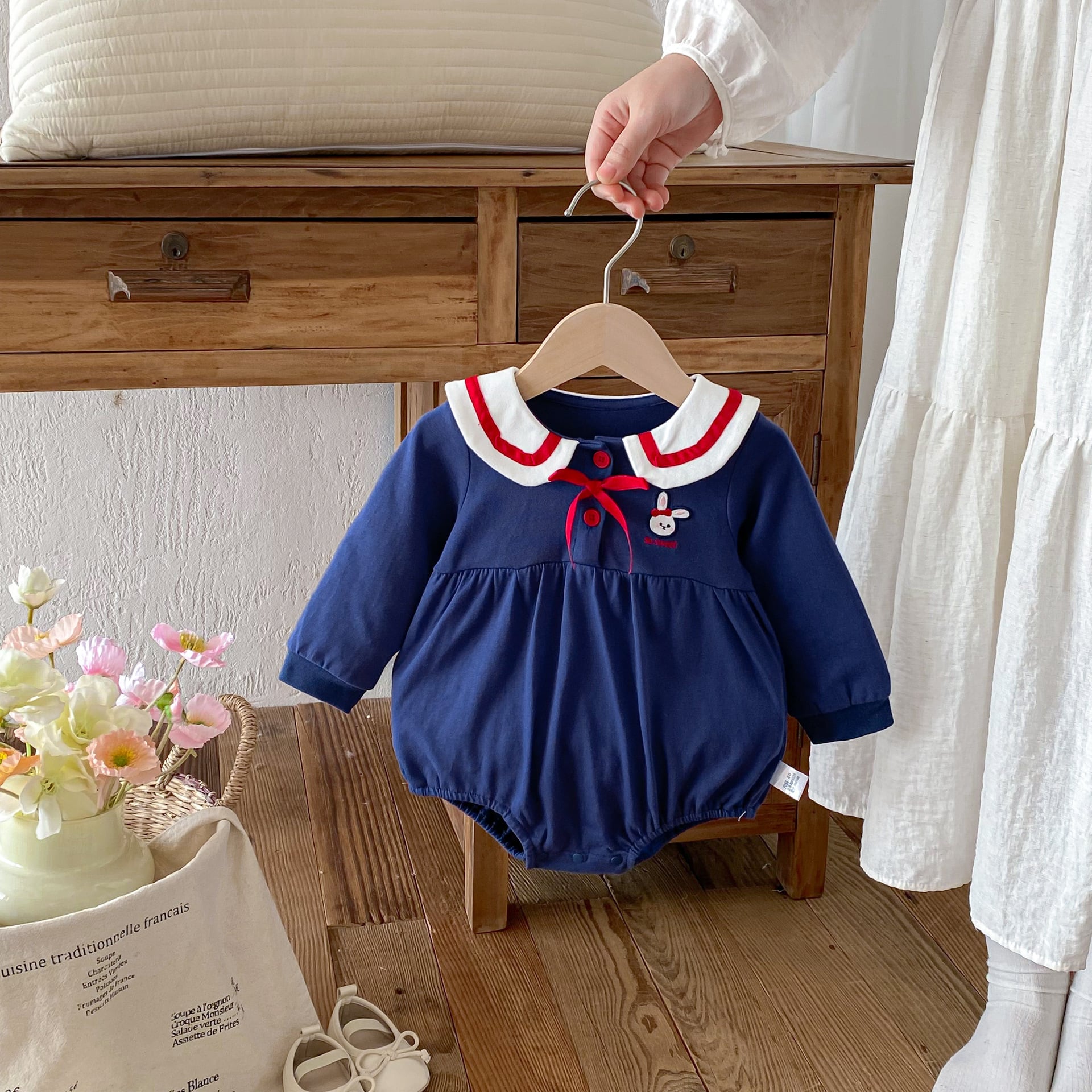 【66-100】姉妹お揃いコーデ ウサギ柄 セーラー風 ロンパース/ワンピース - 画像 (6)