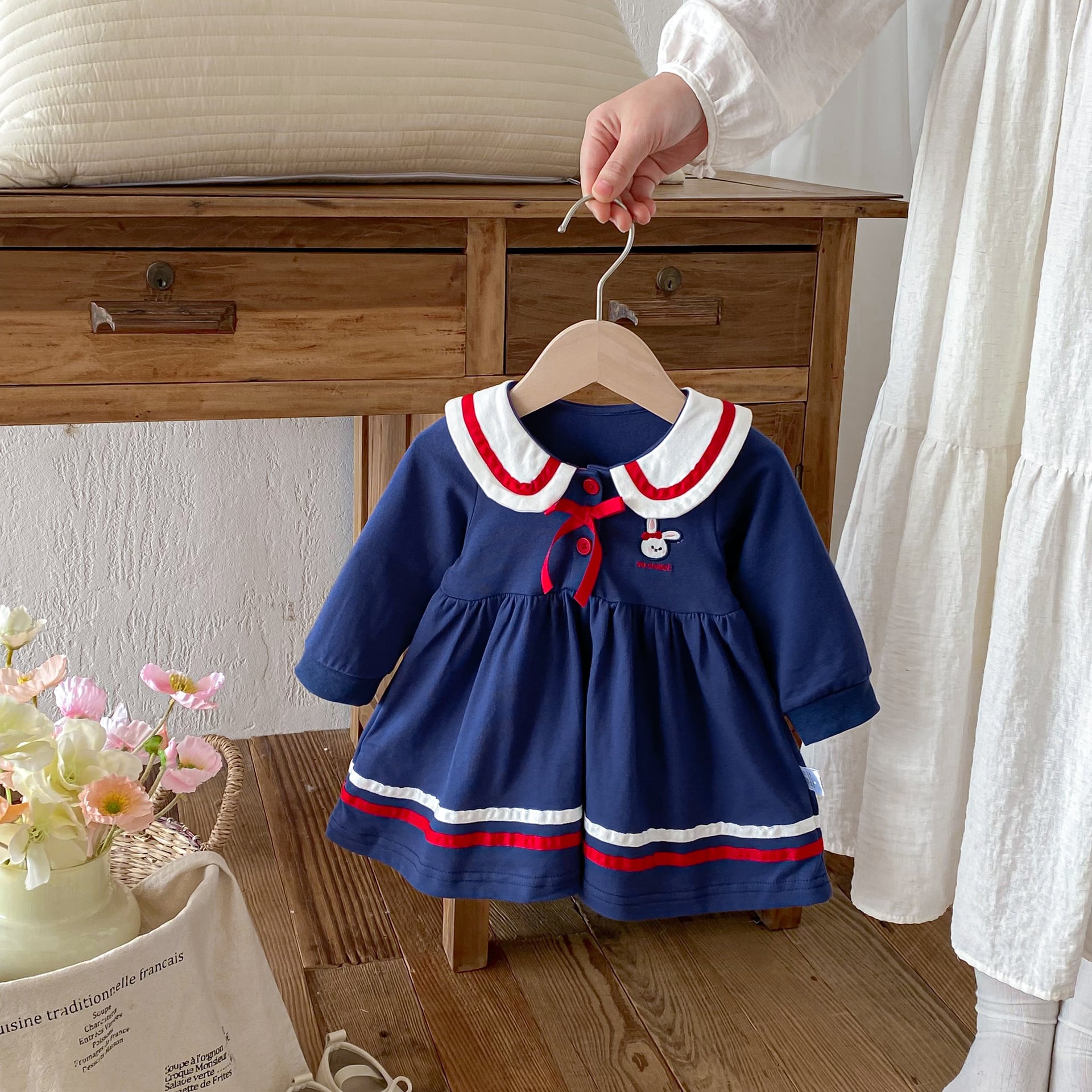 【66-100】姉妹お揃いコーデ ウサギ柄 セーラー風 ロンパース/ワンピース - 画像 (7)