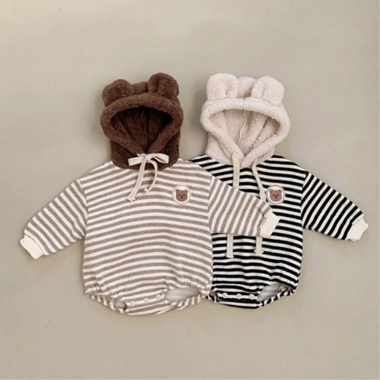 【66-90】 熊デザイン ボーダー ロンパース - 画像 (2)