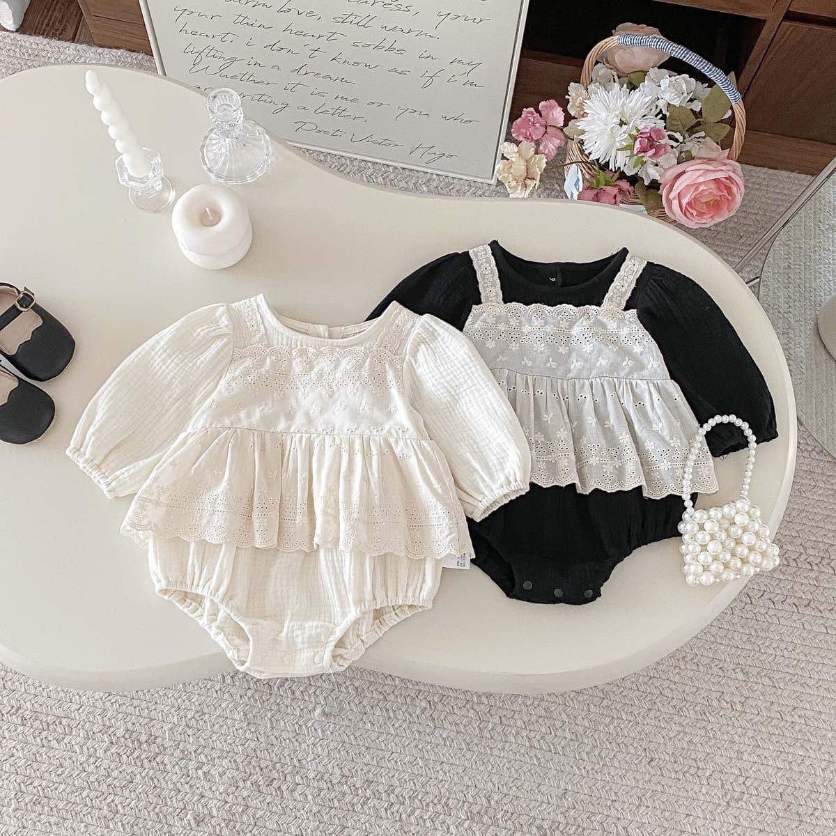 【66-90cm】レイヤード レース ロンパース
