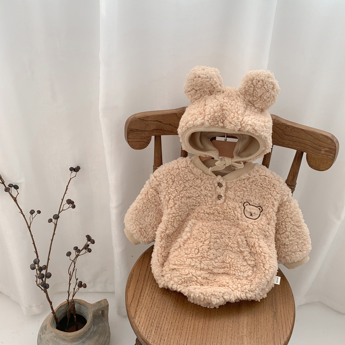【66-90】ふわふわ 可愛い ベビー フード付き ロンパース - 画像 (7)