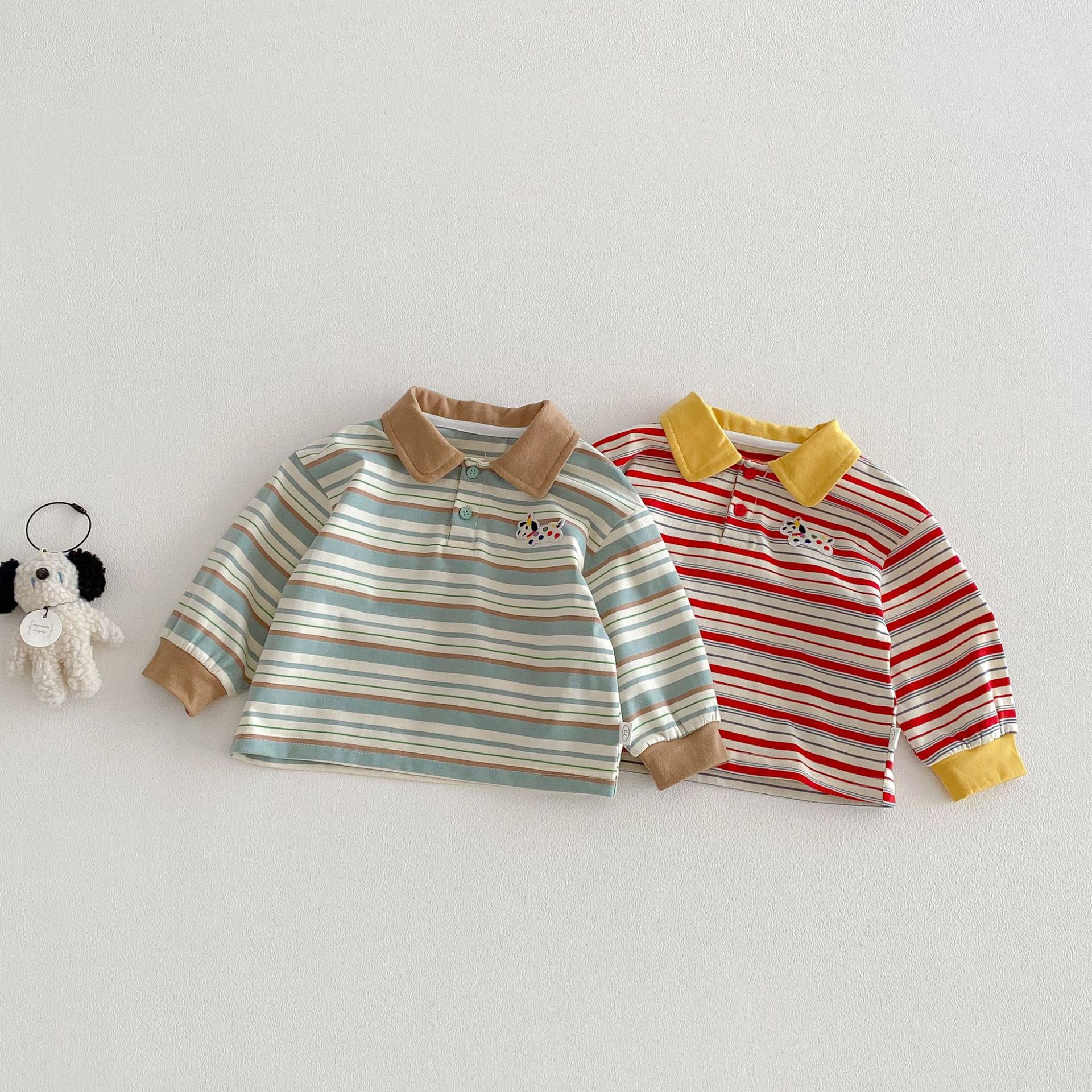 【73-110】配色 ボーダー柄 POLOネック トップス - 画像 (4)