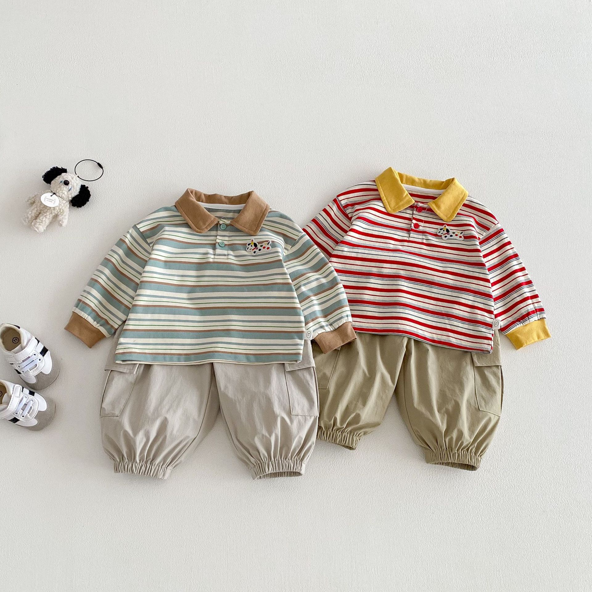 【73-110】配色 ボーダー柄 POLOネック トップス - 画像 (5)