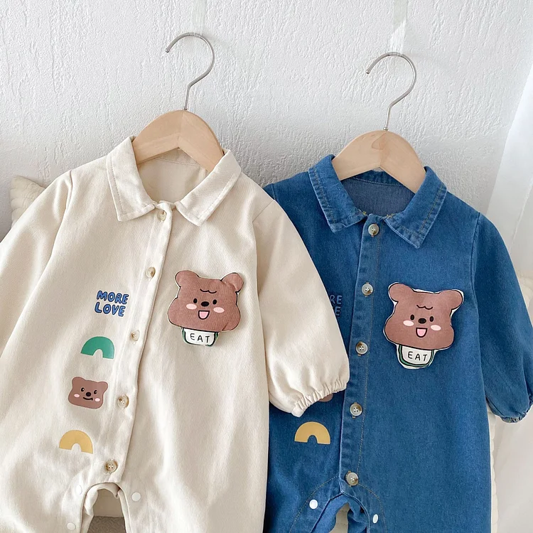 【66-90】オールインワン 熊柄 デニム 可愛い ベビー服 - 画像 (4)