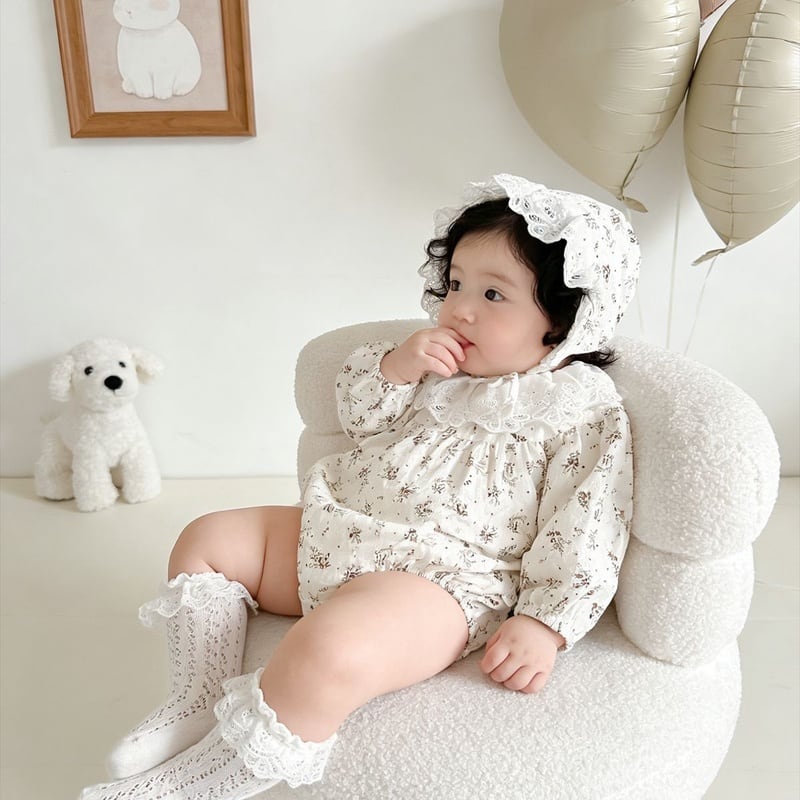 【66-90】ロンパース&帽子 レース おしゃれ 肌に優しい ベビー服 - 画像 (4)