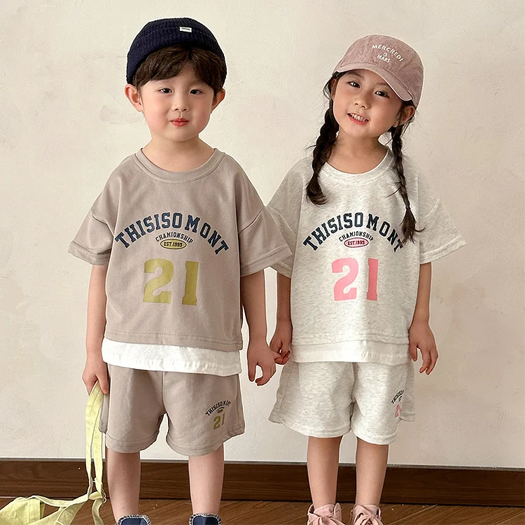 【80-150】キッズ服 数字ロゴ セットアップ 半袖Tシャツ+ショートパンツ - 画像 (5)