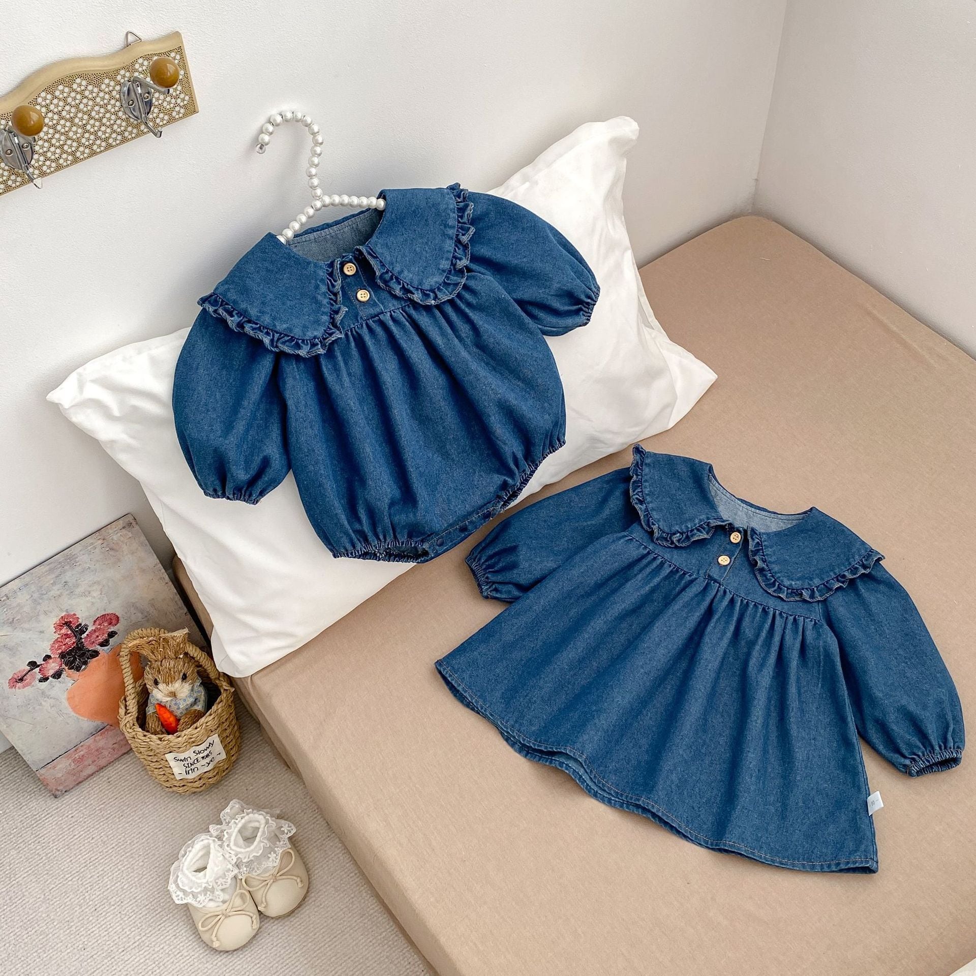 【66-120】ロンパースorワンピース フリル襟 デニム 姉妹服 - 画像 (4)