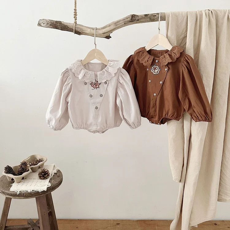 【66-90】ロンパース 韓国風 フリル襟 花刺繡 おしゃれ ベビー服