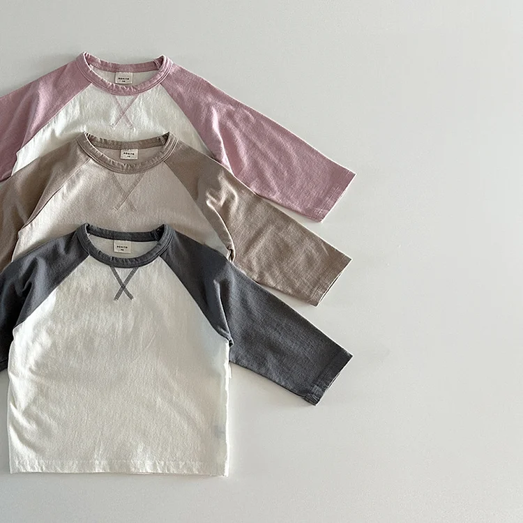 【73-100】ベビー カラー切り替え トップス 長袖Tシャツ - 画像 (3)