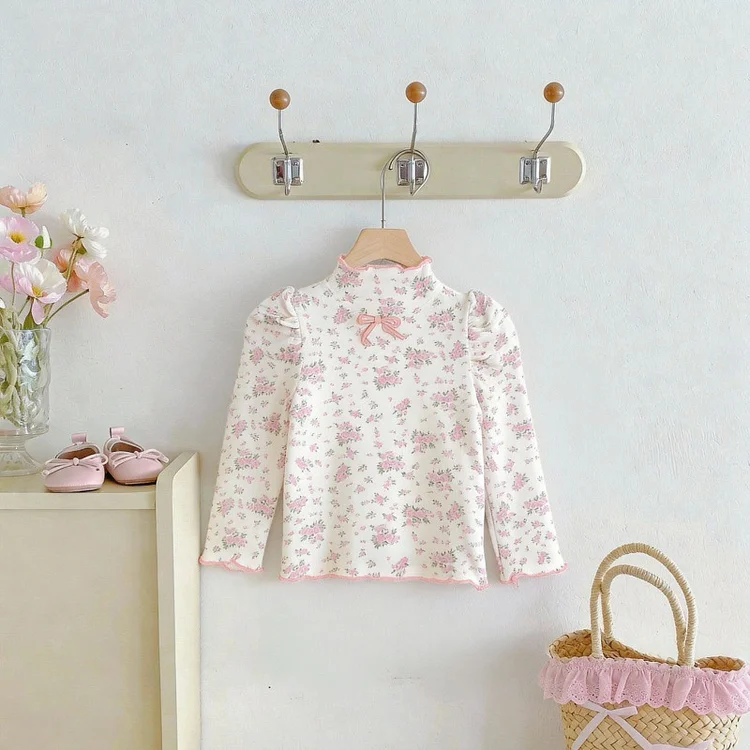 【73-120】Tシャツ 韓国風 小花柄 リボン 可愛い トップス - 画像 (6)