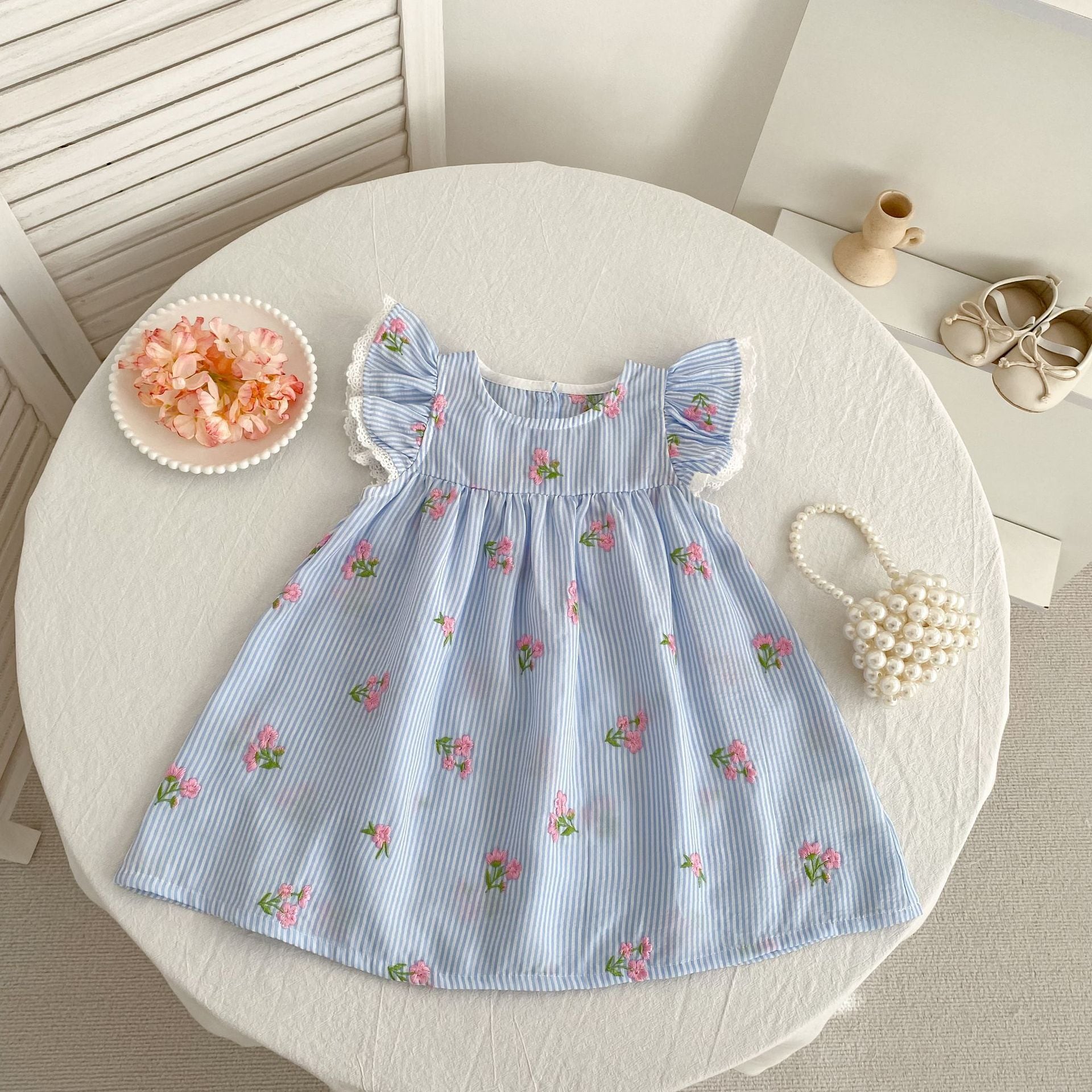 【66-130】ロンパース/ワンピース ブルーストライプ フリル 姉妹服 - 画像 (6)