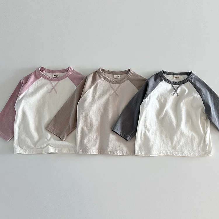 【73-100】ベビー カラー切り替え トップス 長袖Tシャツ - 画像 (4)