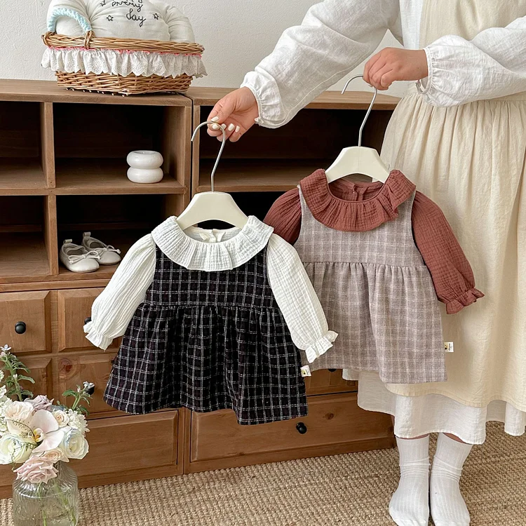 【73-110cm】チェック ワンピース orフリル襟 トップス おしゃれ